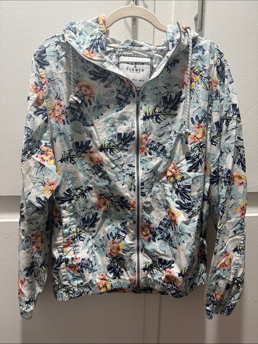 Floral Zip-Up Hooded Jacket - Light Blue